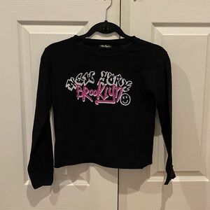 Black Long-Sleeve Graphic Tee with White and Pink Accents